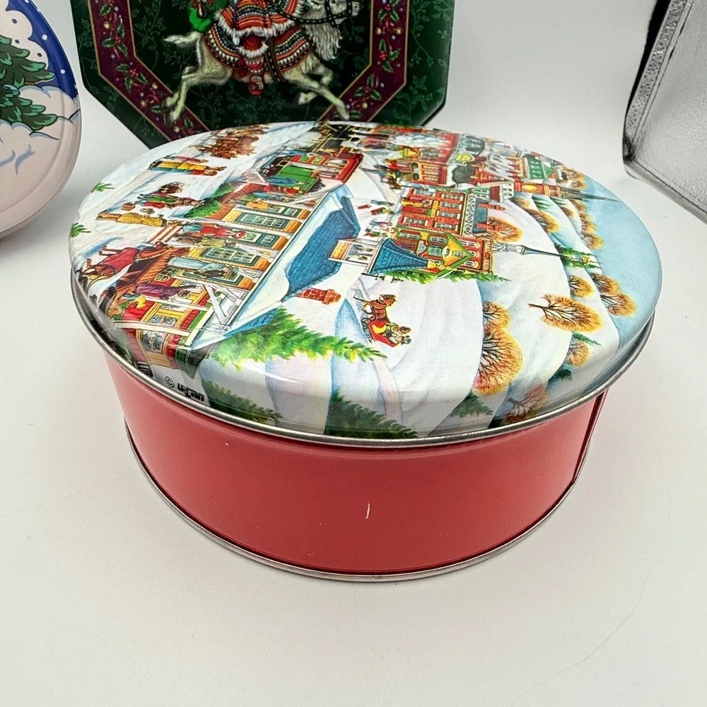 Vintage Christmas Cookie Tin Set 3pc Santa Winter Village Cheryl Ann Ullman Co